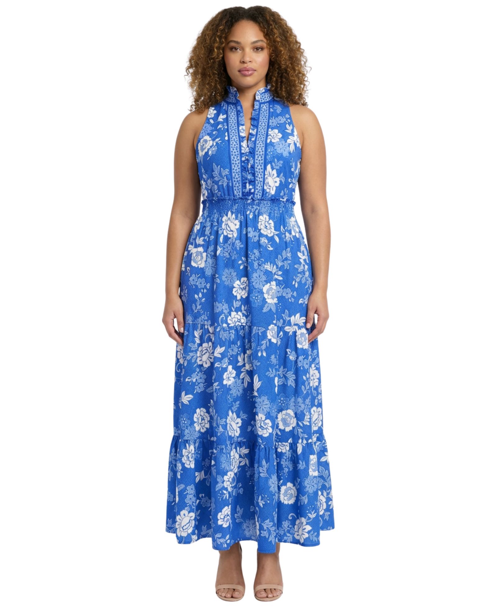 London Times Plus Size Ruffle Neck Printed Maxi Dress