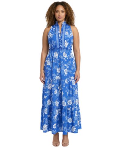 London Times Plus Size Ruffle Neck Printed Maxi Dress