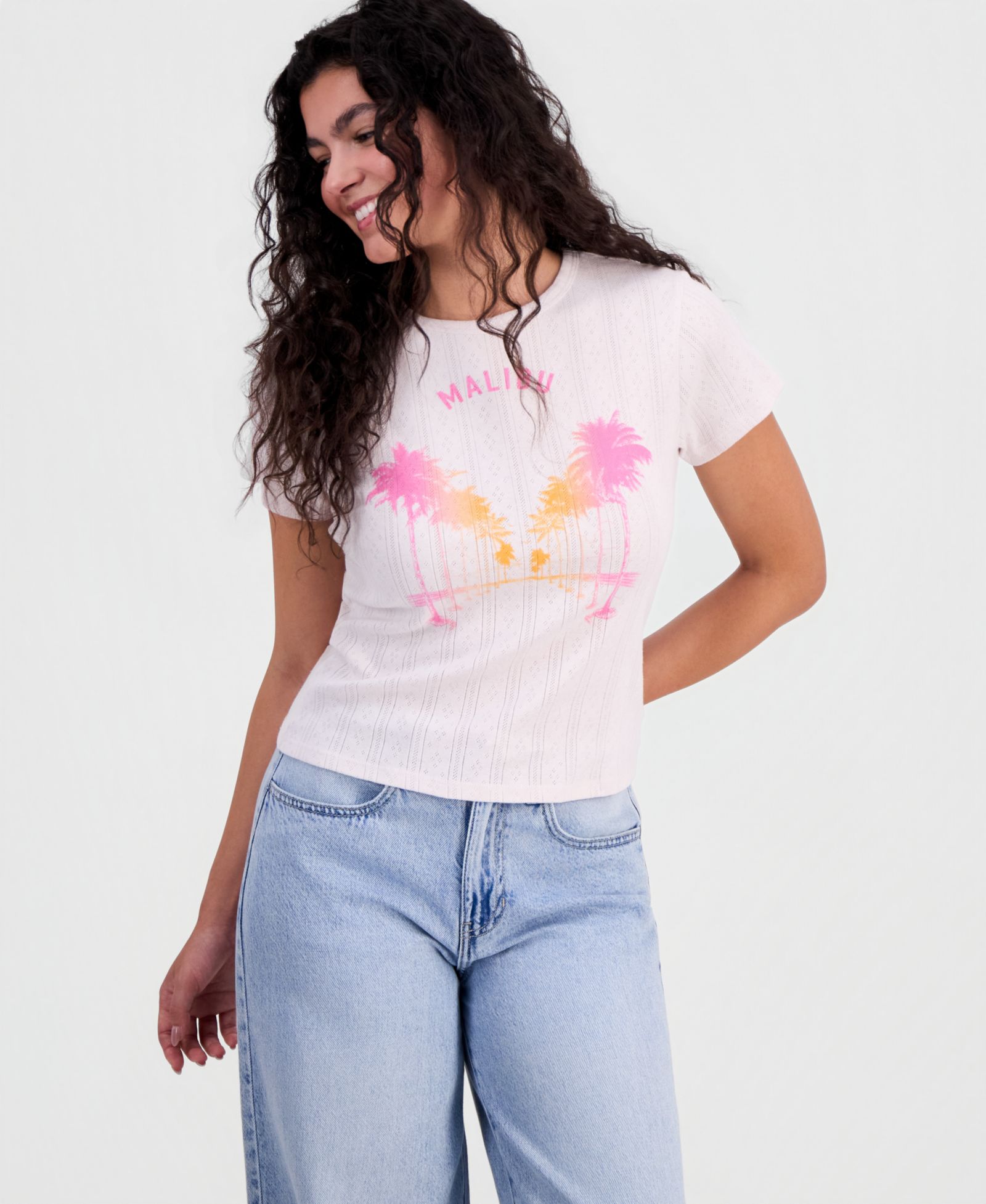 Rebellious One Juniors' Malibu Graphic Pointelle T-Shirt