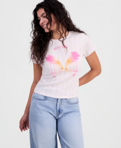 Rebellious One Juniors' Malibu Graphic Pointelle T-Shirt