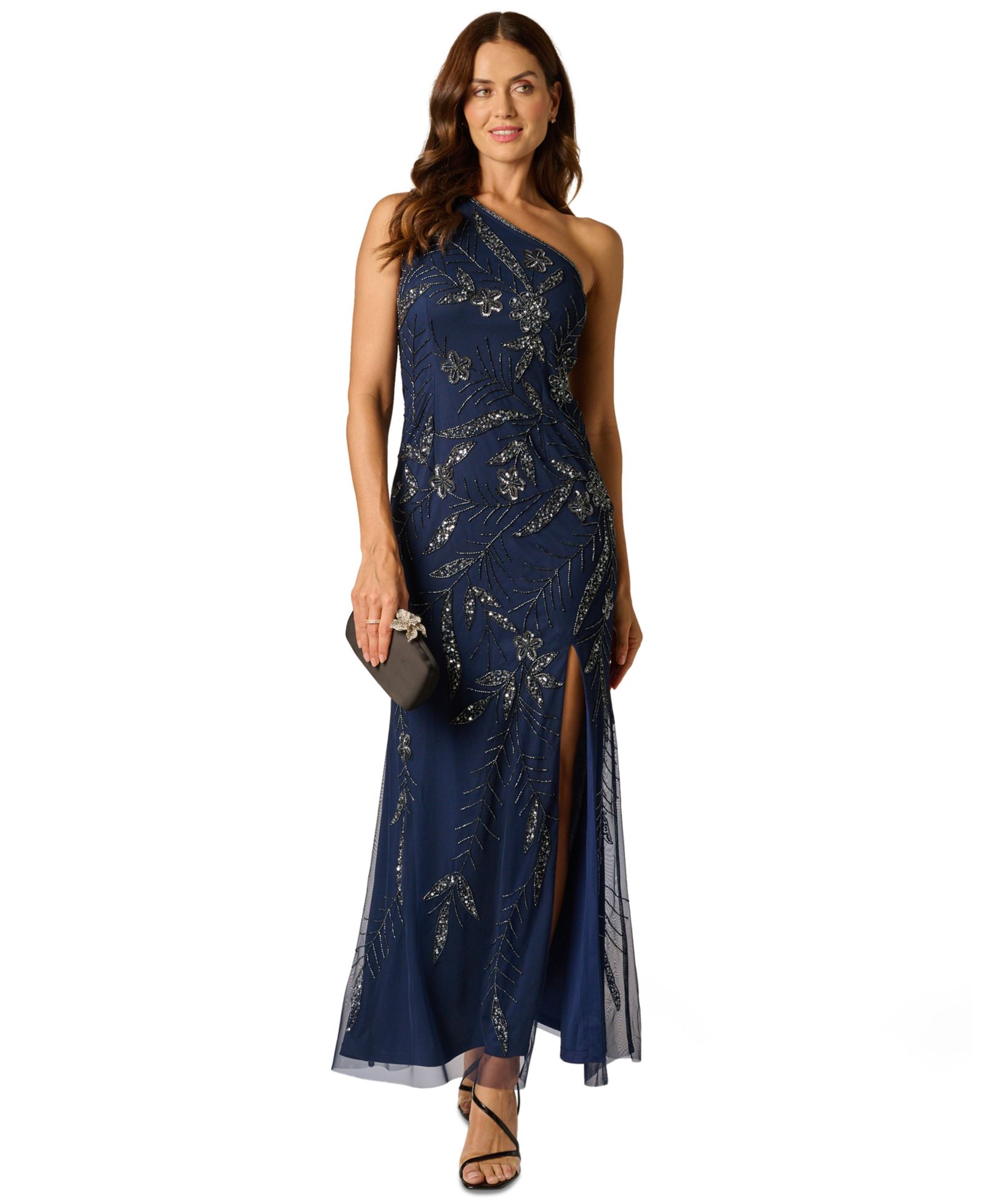 Adrianna Papell Women's One-Shoulder Floral Sequin Beaded Gown