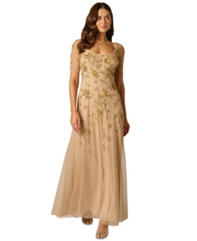 Adrianna Papell Women's Short-Sleeve Floral Beaded Mesh Gown