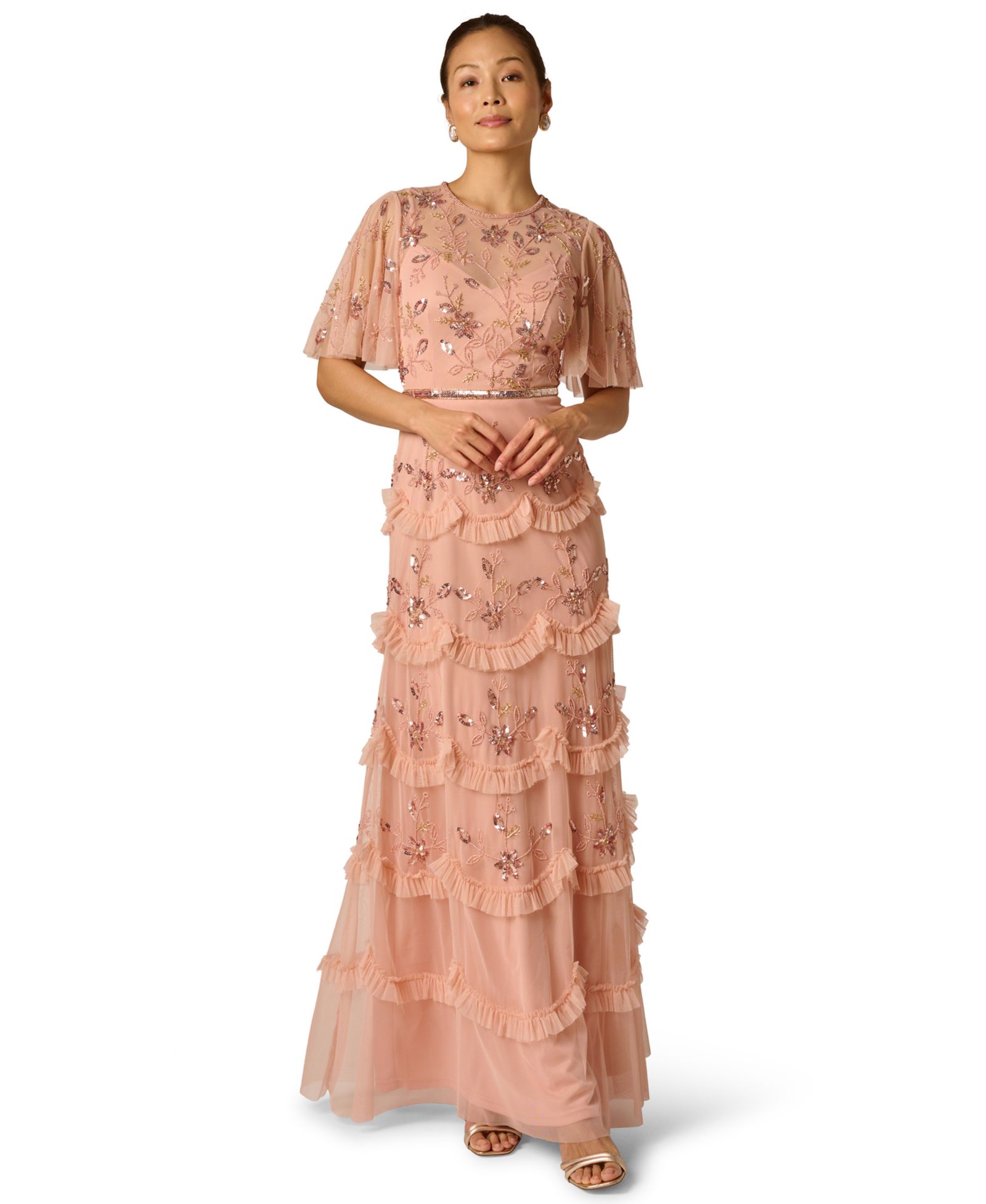 Женское платье Adrianna Papell Bead Mesh Crewneck Ruffle Dress