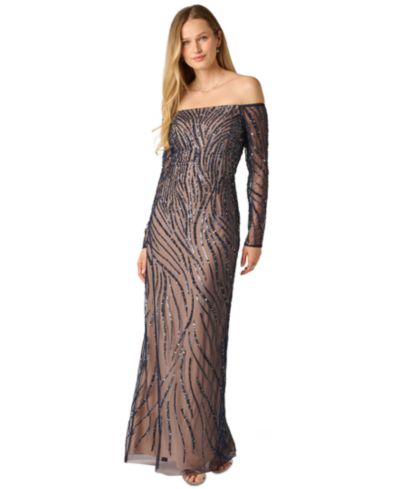 Adrianna Papell Women's Off the Shoulder Beaded Long Dress