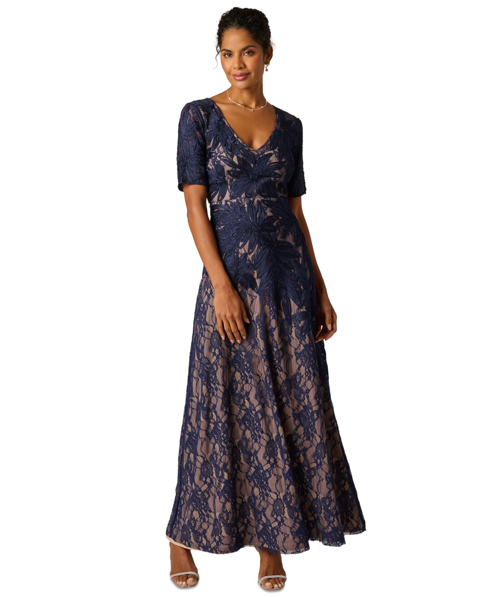 Женское вечернее платье Adrianna Papell Short-Sleeve Lace Soutache Embroidered Gown