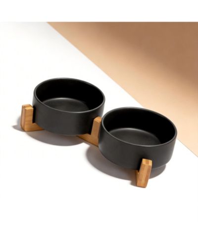 ARONKL Ceramic Dog Cat Bowl Set with Wooden Stand Modern Weighted Food Water