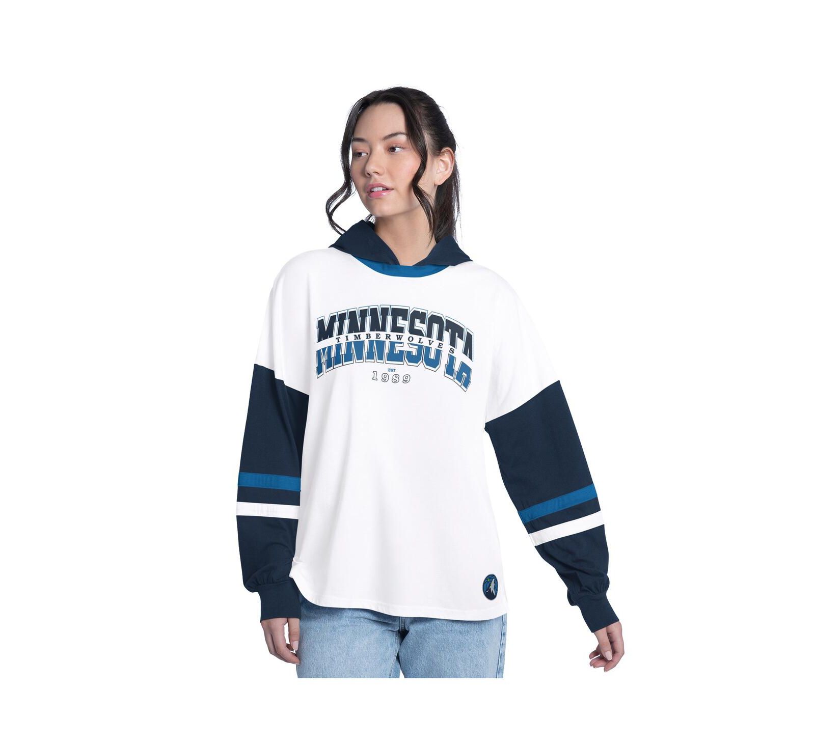 G-III 4Her by Carl Banks Women's White/Navy Minnesota Timberwolves Key Player Oversized Hooded Long Sleeve T-Shirt