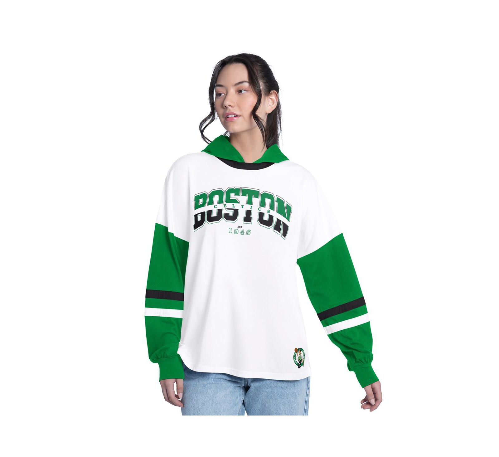 Женская свободная футболка с капюшоном и длинным рукавом G-III 4Her by Carl Banks White/Green Boston Celtics Key Player
