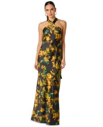 Adrianna Women's Floral Stretch Satin Scarf Halter Gown
