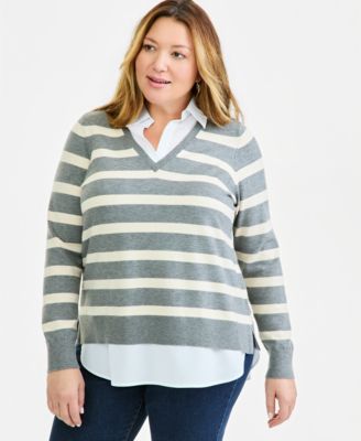 Style & Co Plus Size полосатый многослойный свитер с V-образным вырезом
