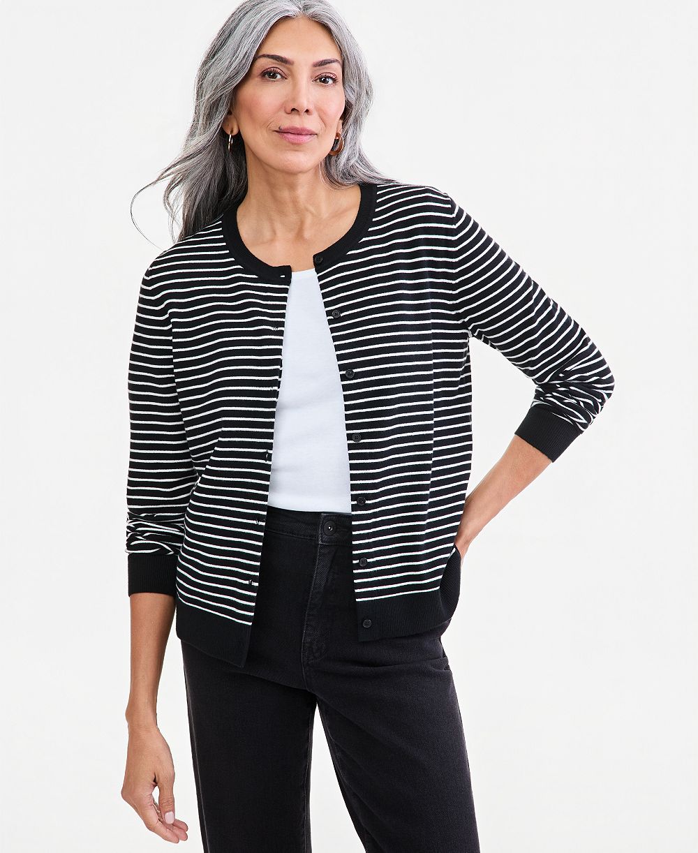 Style & Co Women's Stripe Crew-Neck Button-Down Cardigan Sweater, Macy's Exclusive