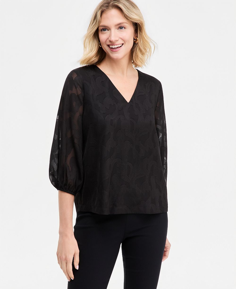 JM Collection Petite 3/4-Sleeve V-Neck Paisley Blouse, Macy's Exclusive