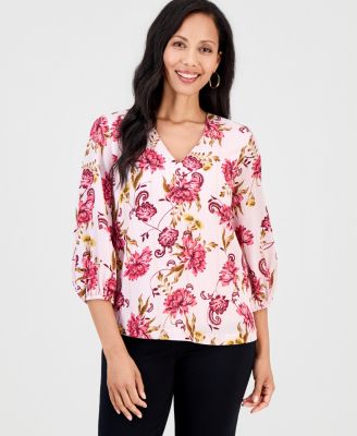 JM Collection Women's Garden Floral Shine V-Neck 3/4-Sleeve Top, Macy's Exclusive