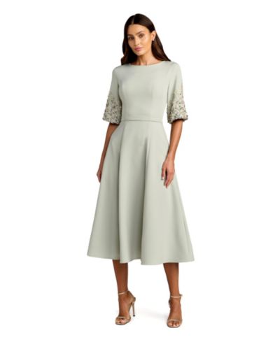 Mac Duggal Women's Crepe A Line Midi Dress With Beaded Sleeves