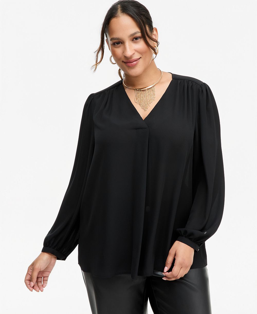 I.N.C. Plus Size Long-Sleeve V-Neck Pleated Blouse, Macy's Exclusive