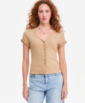 On 34th Women's Ruffle-Trim Button-Front Short-Sleeve Ribbed Top, Macy's Exclusive