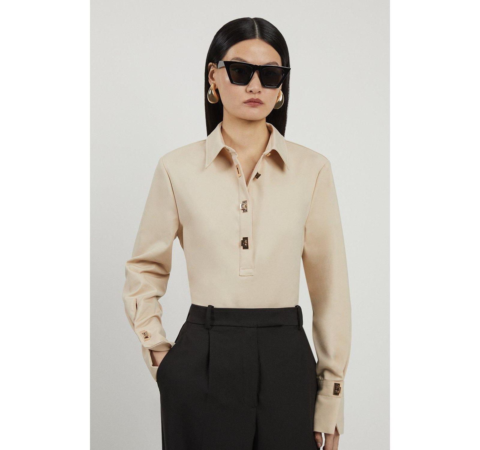 Karen Millen Women's Techno Cotton Gold Clasp Shirt