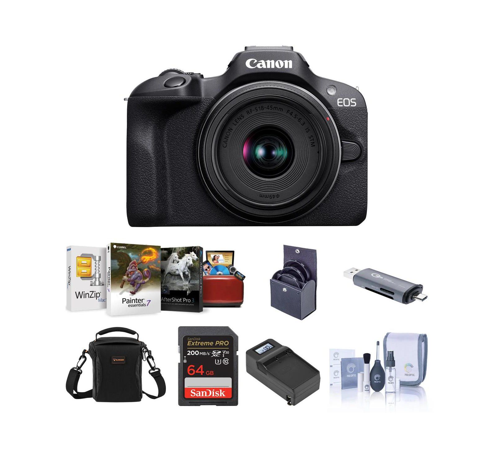 Canon EOS R100 Camera w/18-45mm f/4.5-6.3 Lens, w/64GB Card,Charger and Bag