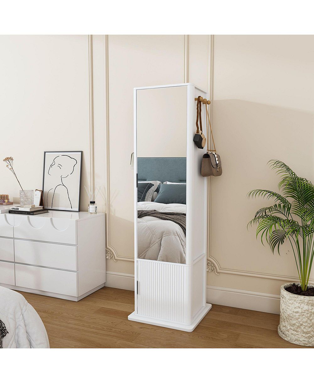 RAINSKEN 360° Rotating Jewelry Storage Cabinet - Standing Organizer with Coat Rack, Full-Length Mirror and Open & Hidden Shelves for Bedroom
