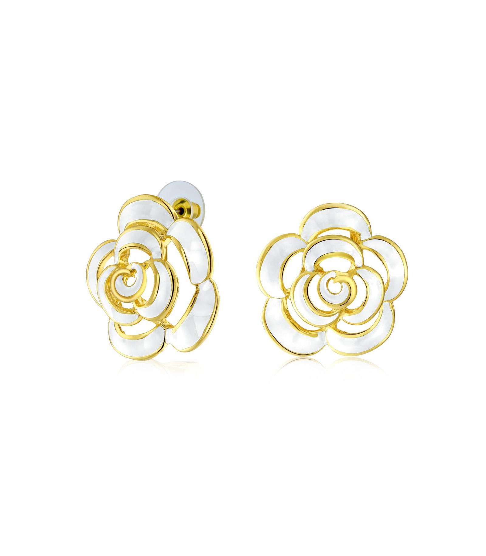 Bling Jewelry Retro Button Style Enamel White Rose Flower Clip On Earrings Gold Plated