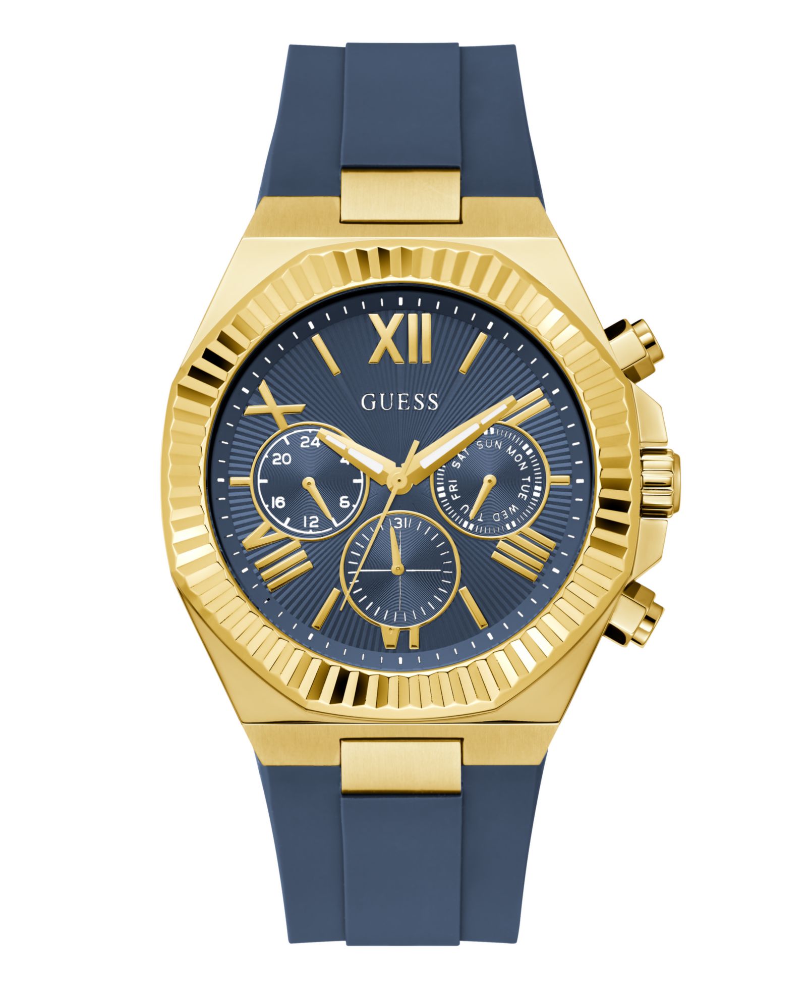 GUESS Men's Gold-Tone Indigo Silicone Multi-Function Watch, 44mm
