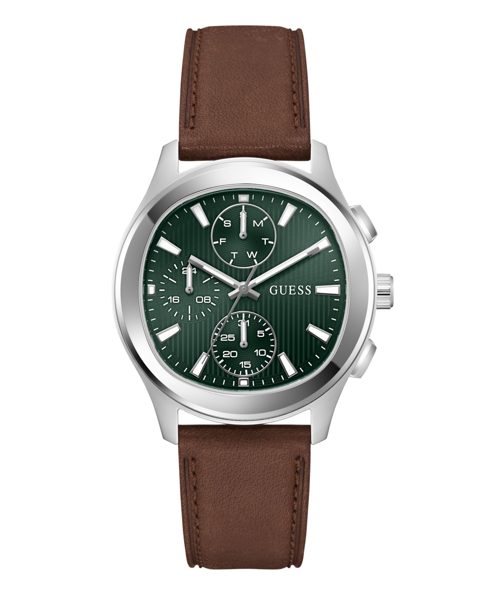 GUESS Men's Silver-Tone Brown Leather Multi-Function Watch, 40mm