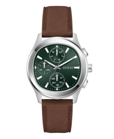 GUESS Мужской Silver-Tone Brown Leather Multi-Function Watch, 40mm