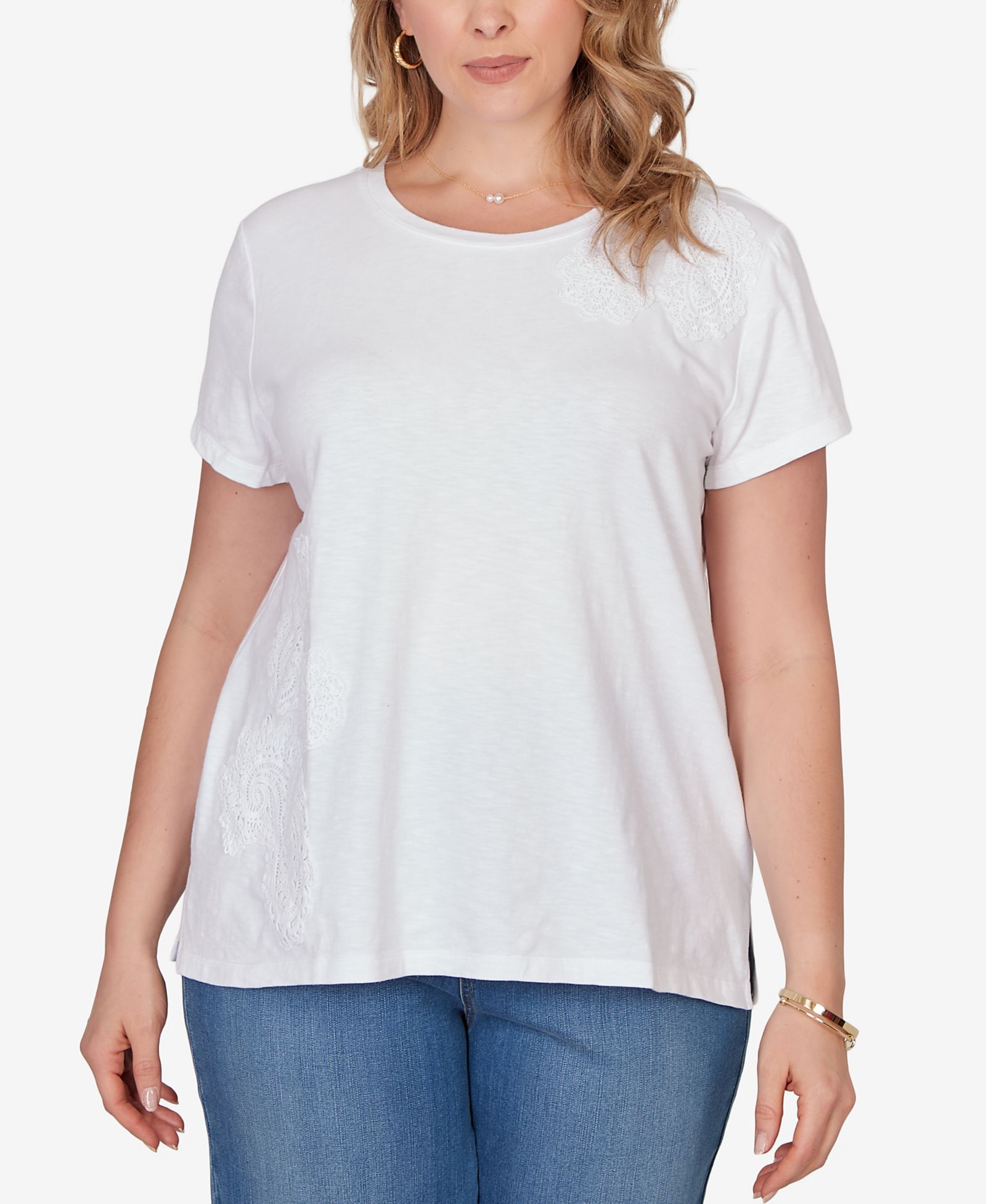 Ruby Rd. Plus Size Paisley Lace Solid Knit T-Shirt