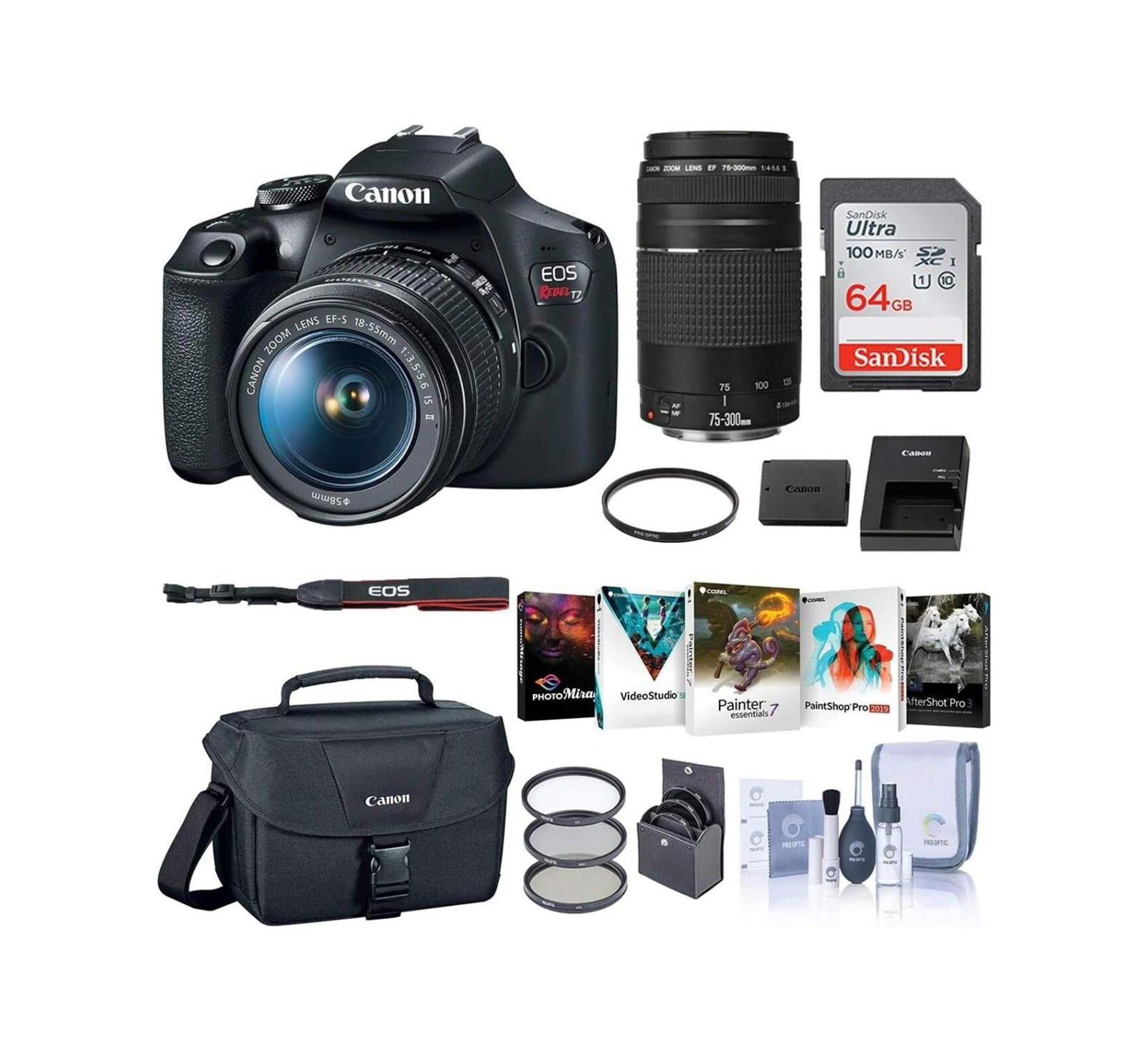 Canon EOS Rebel T7 DSLR Camera w/EFS 18-55mm and EF 75-300mm Lens w/Basic Kit