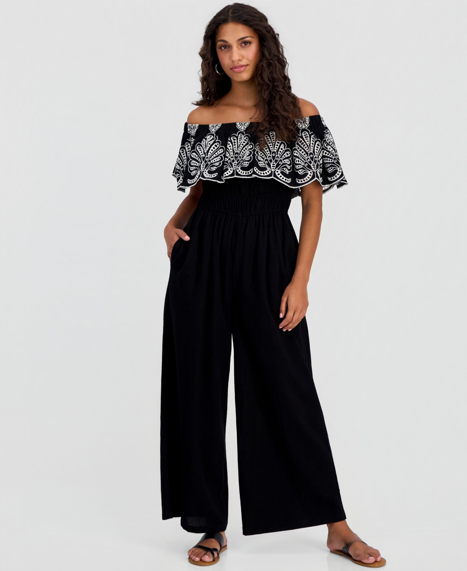 And Now This Petite Embroidered Off-The-Shoulder Jumpsuit, Macy's Exclusive