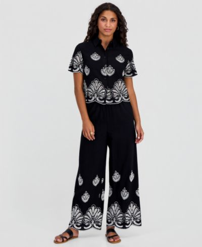 And Now This Petite Embroidered Cotton Wide Leg Pants, Macy's Exclusive