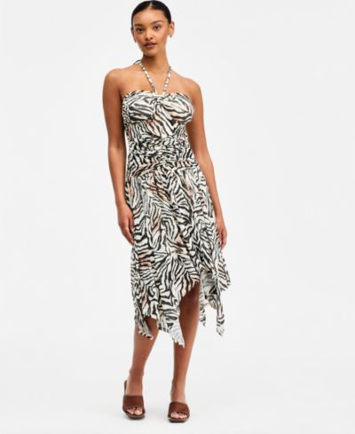 Женское платье Bar III Zebra Printed Asymmetric Mesh Midi