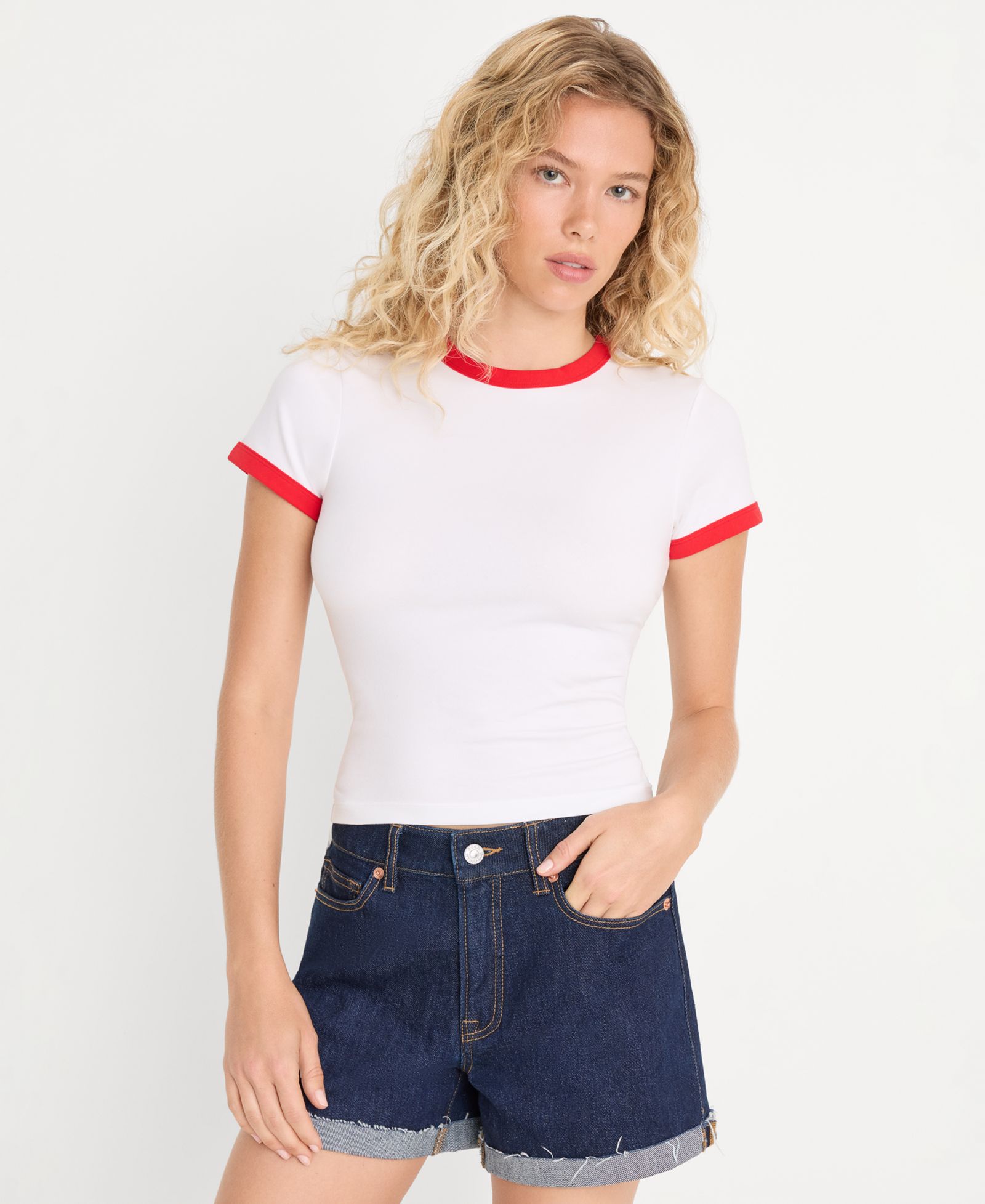 Good American Women's Super Stretch Baby Ringer T-Shirt, Created for Macy's