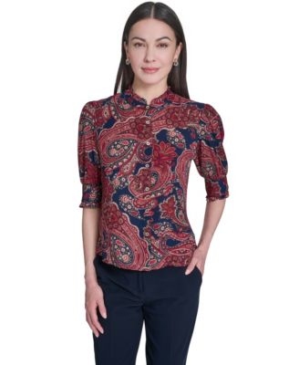 Tommy Hilfiger Women's Paisley Print Ruffle Neck Button Up Blouse