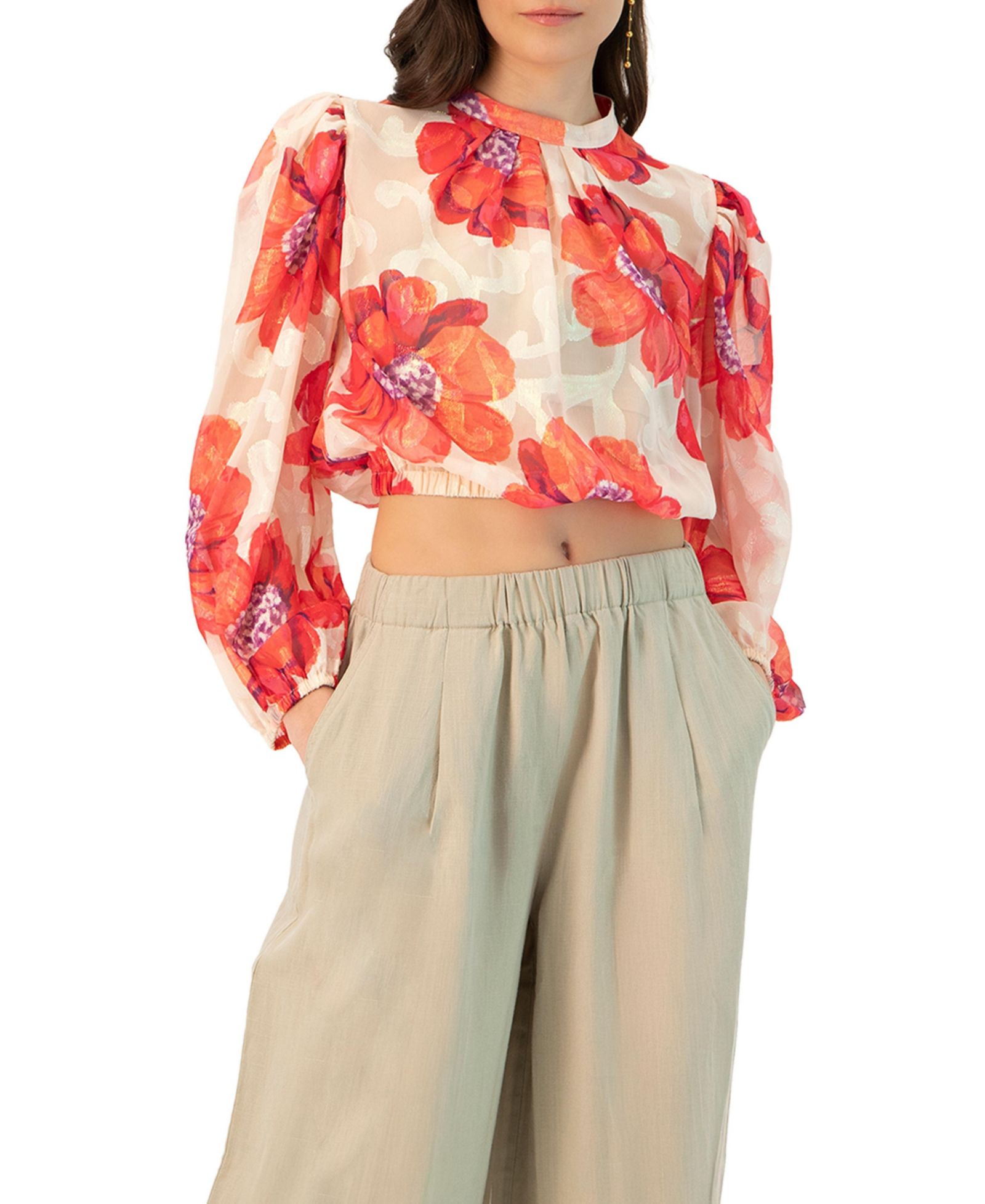 IVONNE Women's Shimmering Printed Blouse with Pleated Round Neck