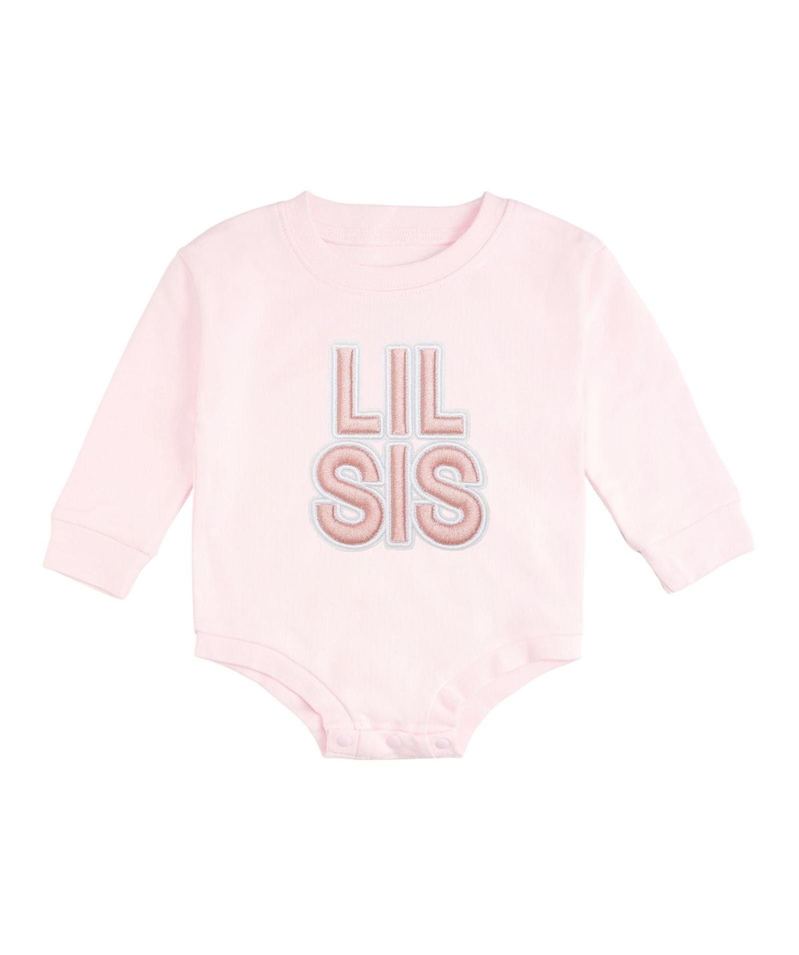 Sweet Wink Baby Girls Lil Sis Embroidered Patch Long Sleeve Romper