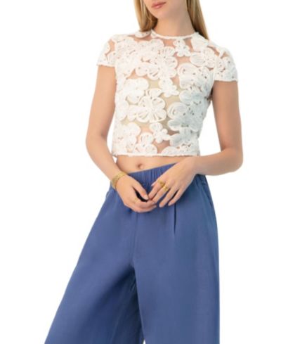 IVONNE Women's See-Through Embroidered Top