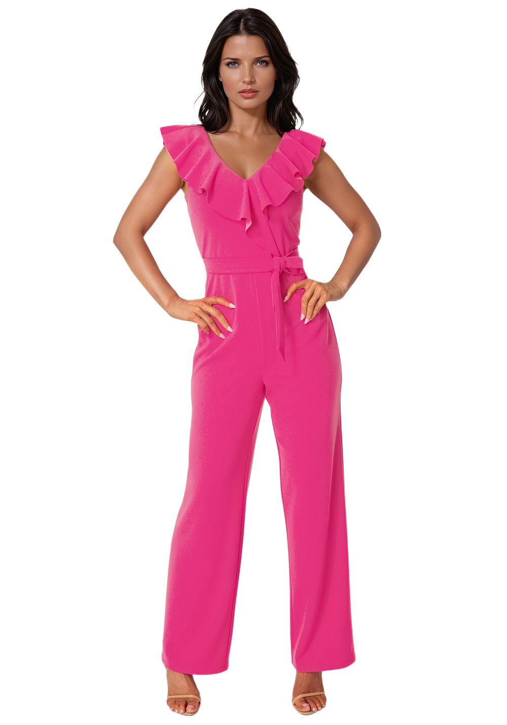Bebe Womens V-Neck Ruffle Scuba Crepe Jumpsuit