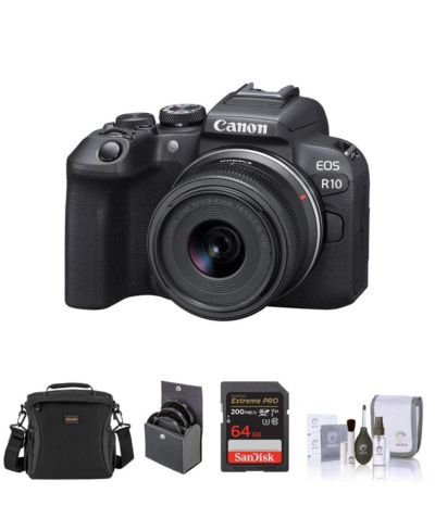 Беззеркальная камера Canon EOS R10 с объективом RF-S 18-45mm f/4.5-6.3 IS STM, комплект с картой памяти, сумкой, набором фильтров 49mm и набором для чистки