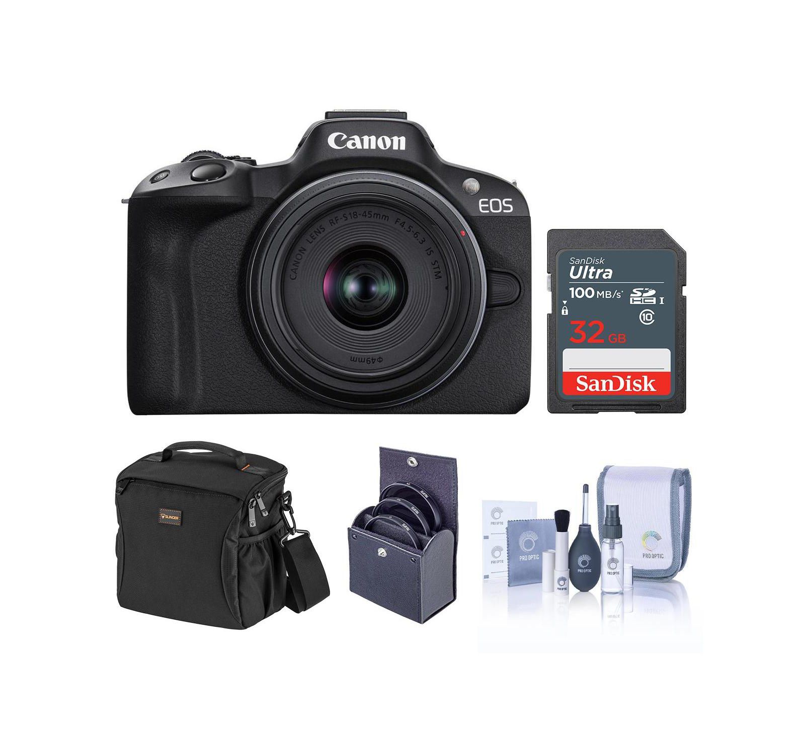 Зеркальная камера Canon EOS R50 Black с объективом RF-S 18-45mm f/4.5-6.3 IS STM, 32GB SD Card, Shoulder Bag, 49mm Filter Kit, Cleaning Kit