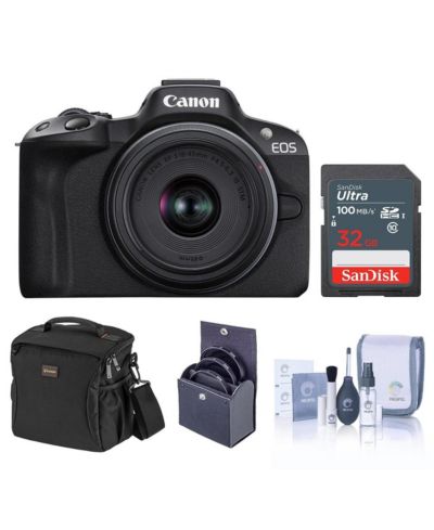 Зеркальная камера Canon EOS R50 Black с объективом RF-S 18-45mm f/4.5-6.3 IS STM, 32GB SD Card, Shoulder Bag, 49mm Filter Kit, Cleaning Kit