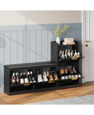 Homfan Farmhouse Entryway Shoe Cabinet with Bench and 4 Flip Drawers, Comfort Cushioned Shoe Storage Bench, Freestanding Shoe Organizer