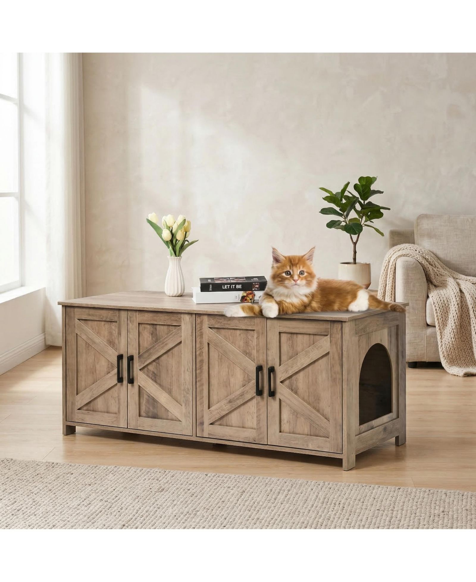 Zeus and Ruta Wooden Cat Litter Box Enclosure Hidden 2 Rooms Modern Litter Box Furniture Greige