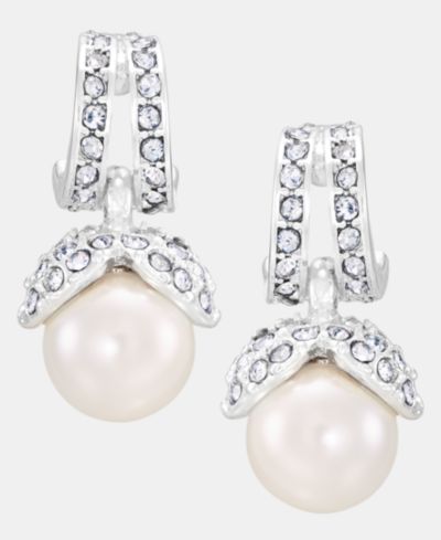 Anne Klein Silver-Tone Huggie Imitation Pearl Stone Drop Earrings