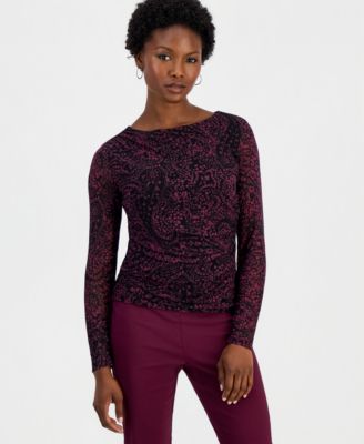 I.N.C. International Concepts Women's Petite Long-Sleeve Ruched Mesh Top, Macy's Exclusive