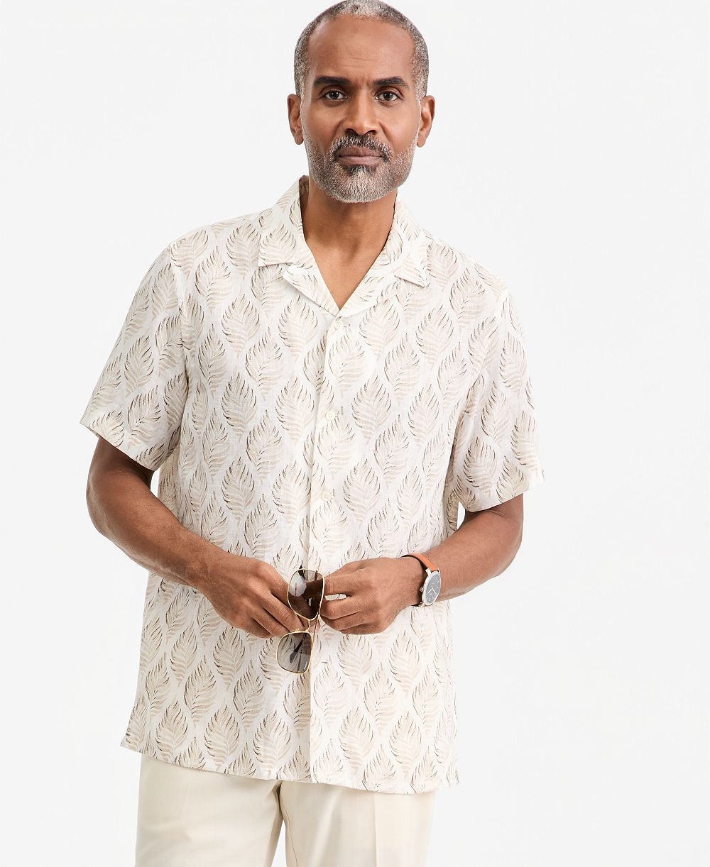 Мужская рубашка Club Room Men's Linen Leaf-Print Short-Sleeve