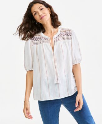 Style & Co Women's Smocked Elbow-Sleeve Cotton-Linen Blend Top, Macy's Exclusive