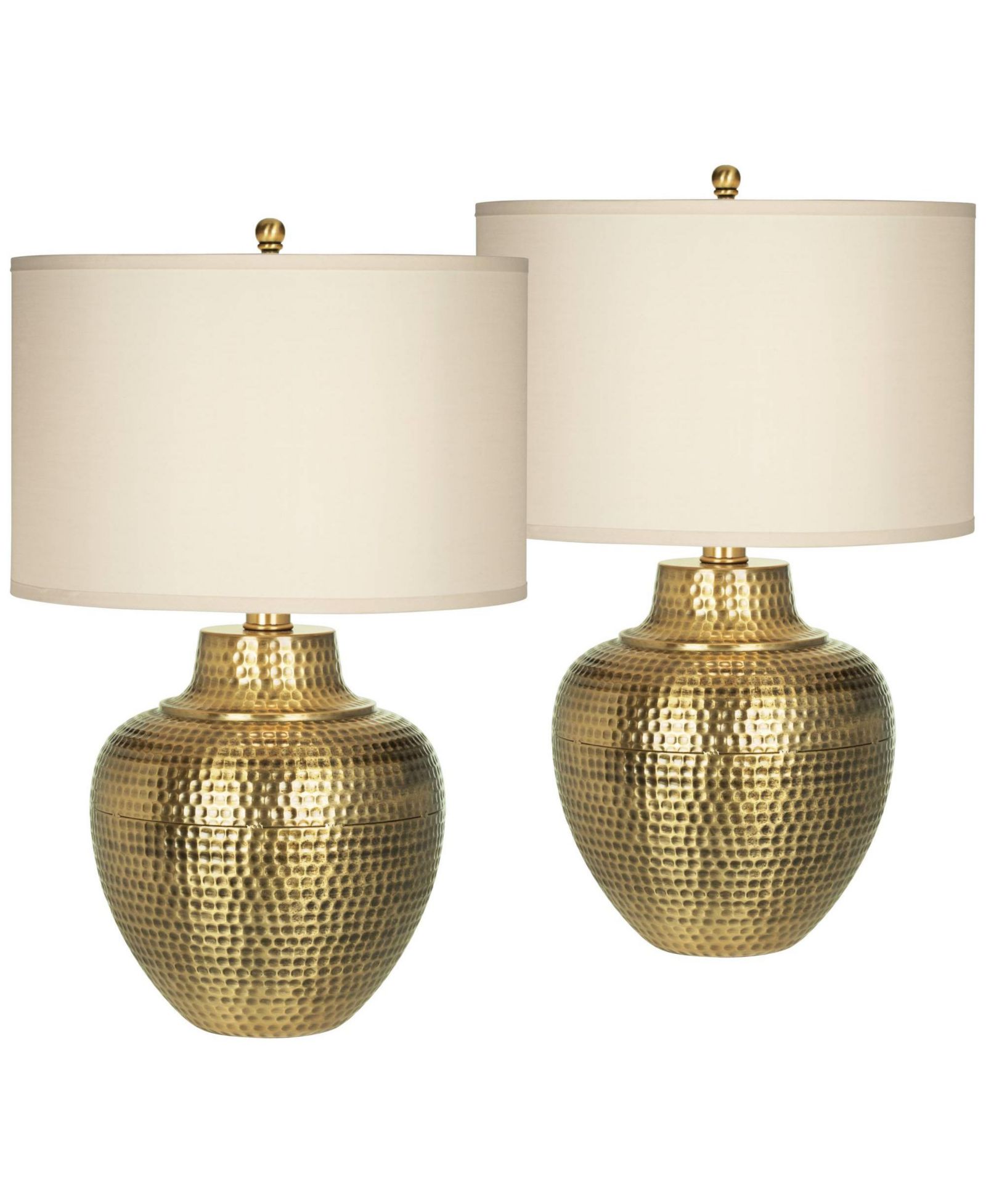 Franklin Iron Works Rustic Farmhouse Table Lamps 27" Tall Set of 2 Antique Brass Hammered Metal Cream Linen Drum Shade for Bedroom House