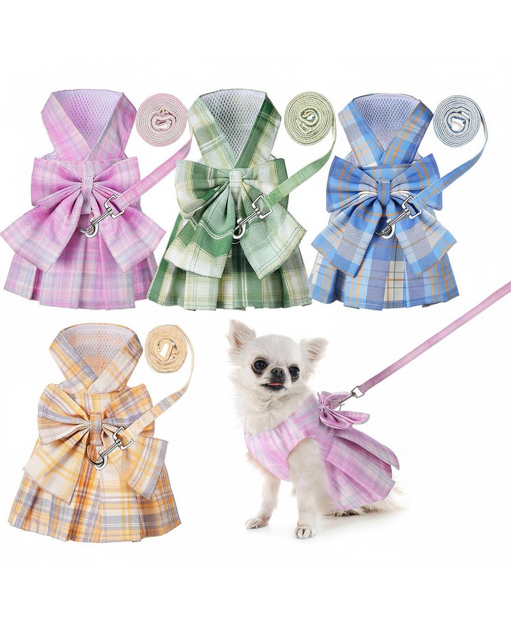 ARONKL 4 Cute Plaid Dog Dress Set with Bow Tie Harness Leash for Small Dogs Puppy Clothes Outfits