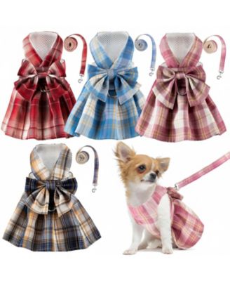 ARONKL 4 Cute Plaid Dog Dress Set with Bow Tie Harness Leash for Small Dogs Puppy Clothes Outfits
